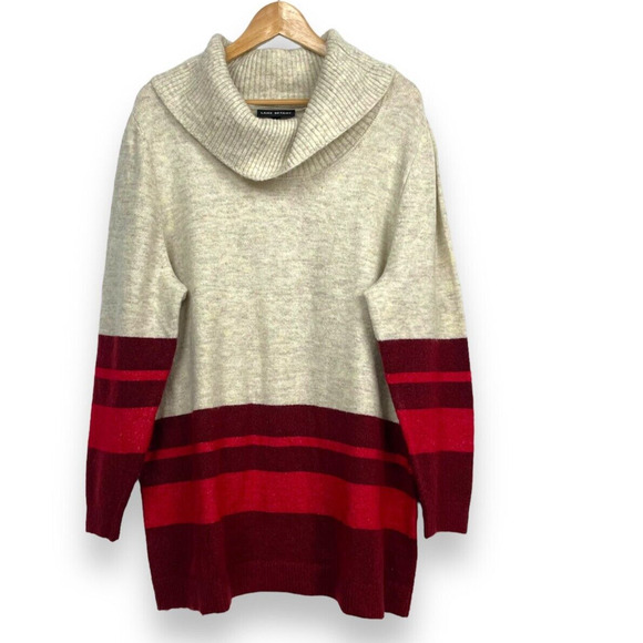 Lane Bryant Cowl Neck Tunic Striped Sweater Size 1X Oatmeal Cream Cranberry Knit - Picture 1 of 14
